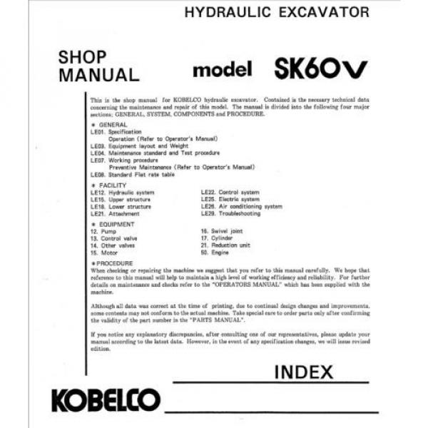 Kobelco SK60V SK 60 V Hydraulic Excavator Shop Service Manual #1 image
